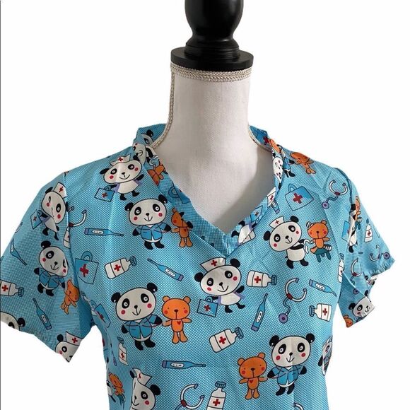 Scrub Top Medical Personnel Blue Panda & Teddy Bear Nurse Print Women’s Medium - Picture 2 of 5